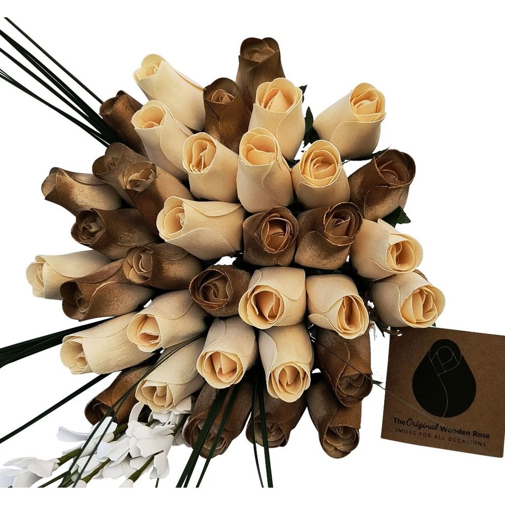 3 Dozen 50 Year Anniversary Golden and White Bouquet The Original Wooden Rose